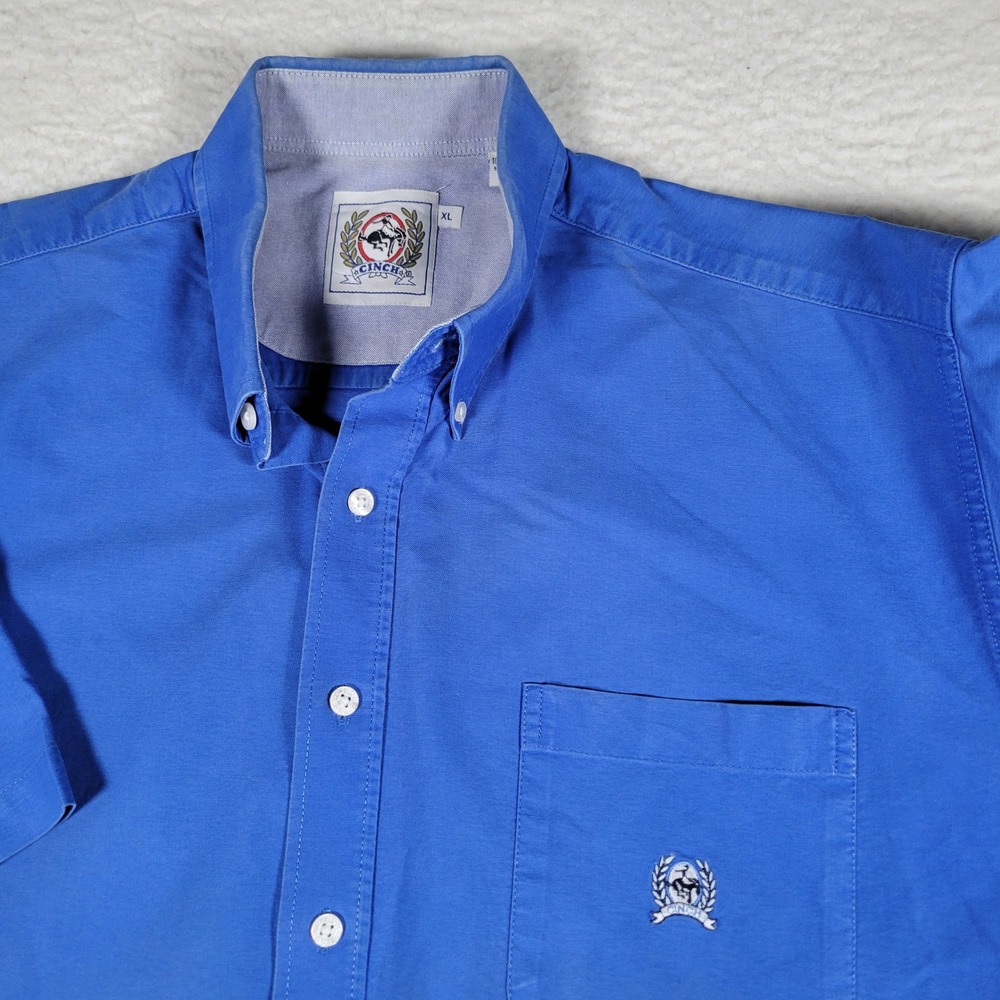 Cinch Button Down Shirt Mens XL Blue Short Sleeve Western Embroidered Logo Solid